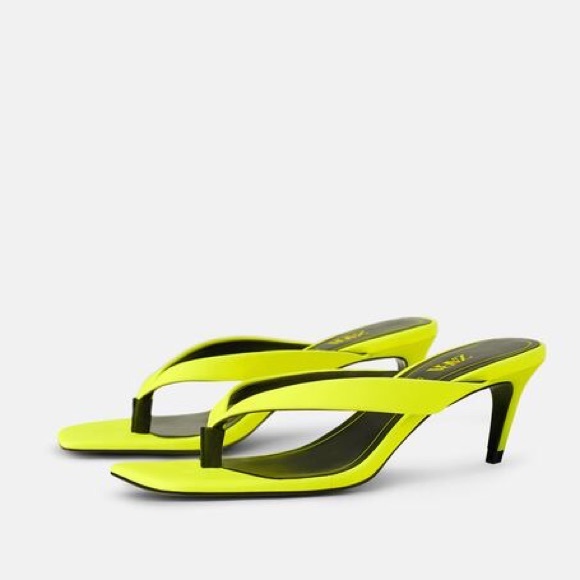Zara NEON KITTEN HEEL THONG SANDALS Square Toe NEW